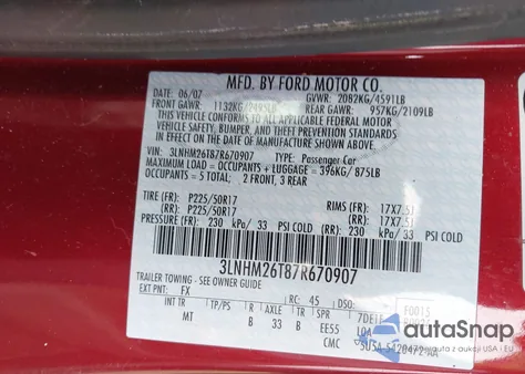 2007 Lincoln Mkz from USA, damaged, VIN 3LNHM26T7R670907